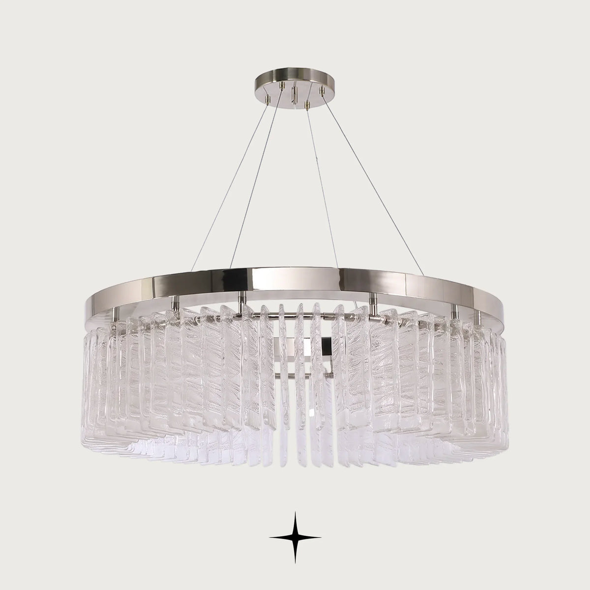 Waterfall Chandelier featuring tiered rows of sculpted, textured glass crystal rods and a polished metallic ring
