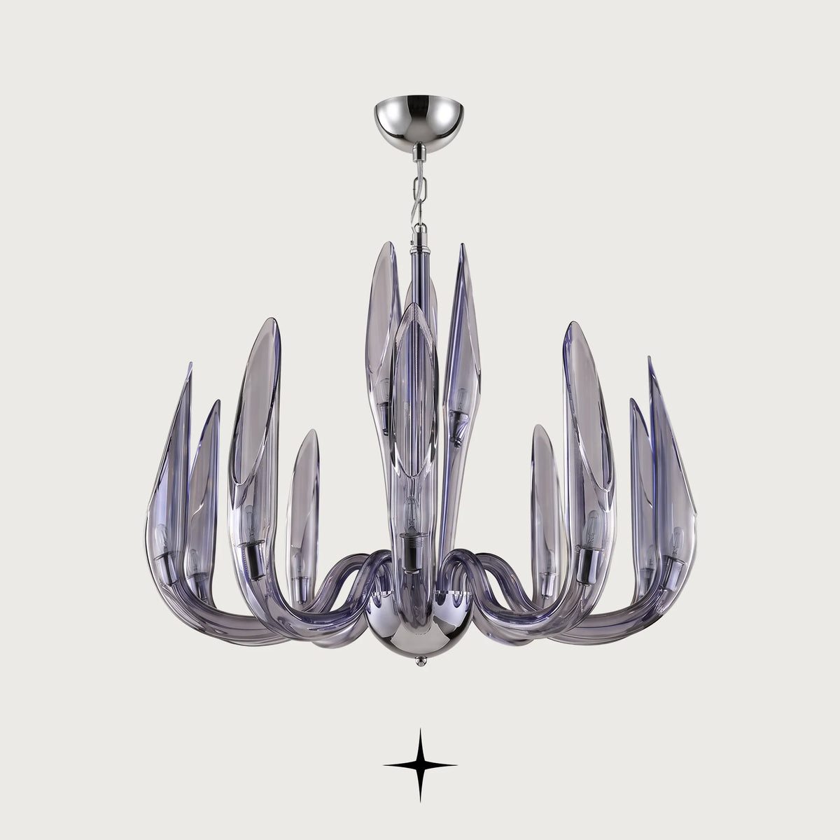 Whistler Chandelier featuring smoke blue crystal bubbles and upward-facing delicate crystal wings
