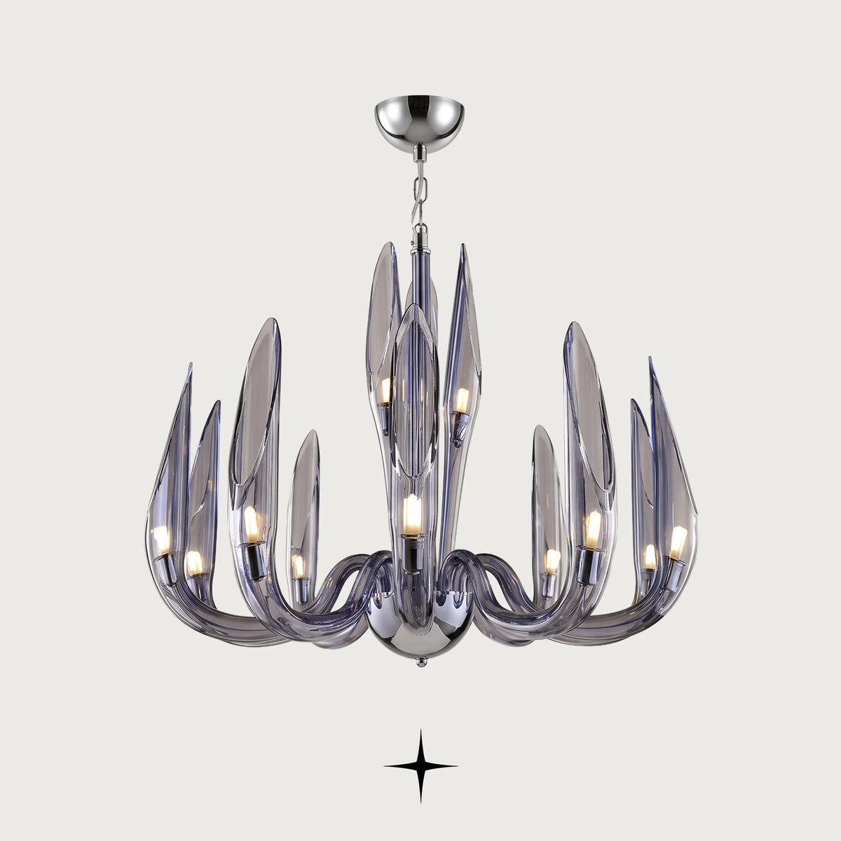 Whistler Chandelier featuring smoke blue crystal bubbles and upward-facing delicate crystal wings
