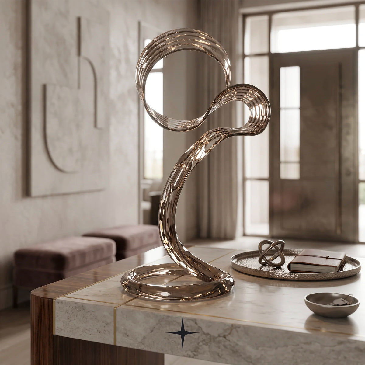 Yara modern sculptural swirl table lamp with metallic finish table lamp with a twisted, flowing shape in a warm champagne-gold finish, displayed on a marble-topped table in a modern, softly lit living room.