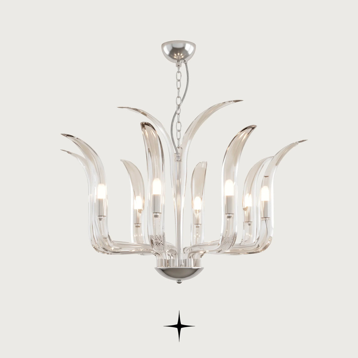 Zenith Chandelier featuring sleek upward-curving crystal arms and brilliant craftsmanship
